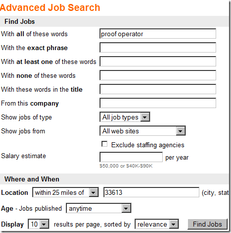 Indeed job search advanced options.