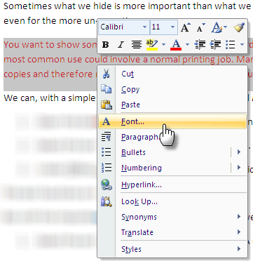 hide text in Microsoft Word 2007