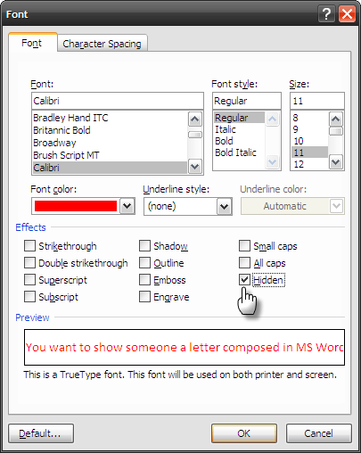 hide text in Microsoft Word 2007