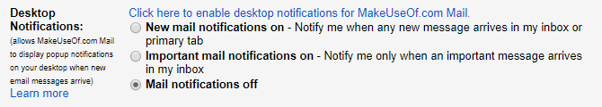 Enable or disable new or important mail desktop notifications for Gmail.
