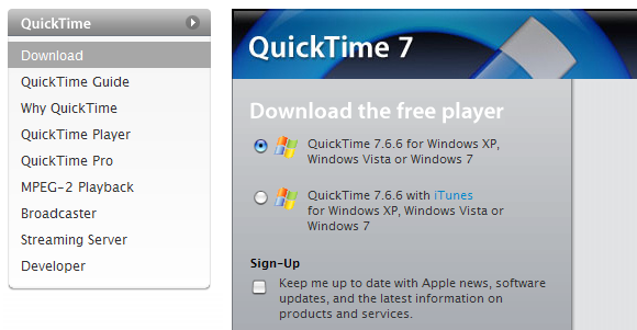 apple quicktime player download for windows xp