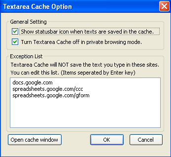 Text area cache options