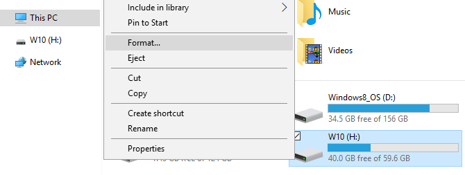This is a screenshot of a USB drive being formatted using the context menu in Windows