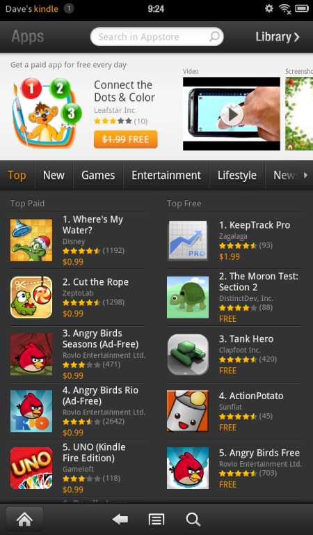 The Amazon App Store as viewed on the Kindle Fire