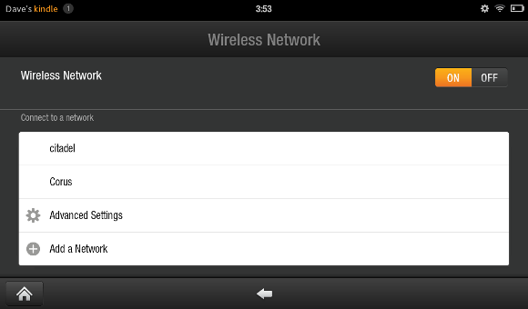Selecting advanced Wireless options on the Kindle Fire