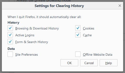 Firefox Settings for Clearing History