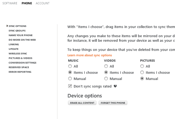Sync options for Windows Phone