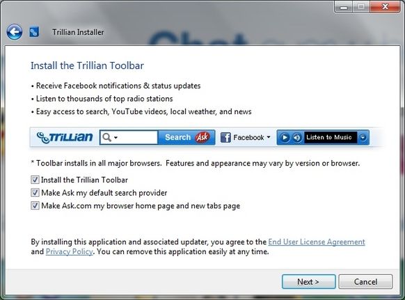 Ask Search toolbar - home page override - Trillian