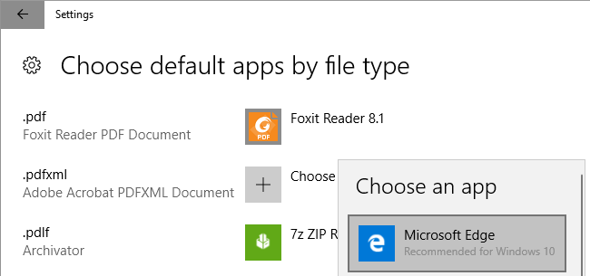 This is a screen capture of Windows 10 choose default app by file type