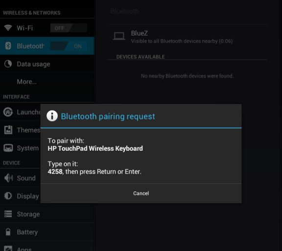 Confirm a Bluetooth pairing request on the HP TouchPad