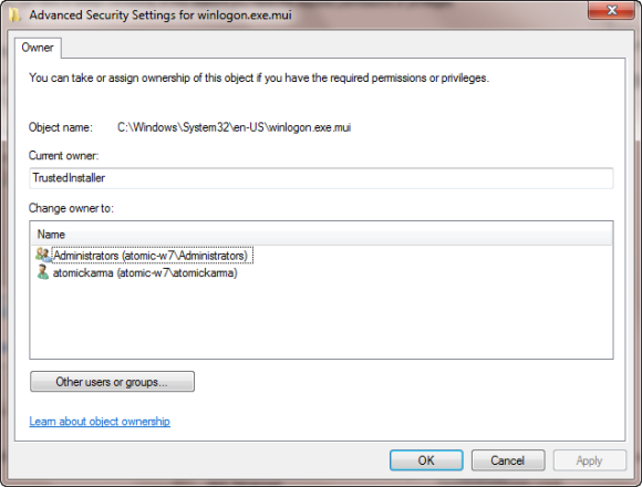 Assign an owner to an object in Windows 7