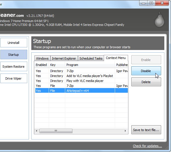 ccleaner disable a context menu entry   Make Windows 7 Faster By Removing Context Menu Entries