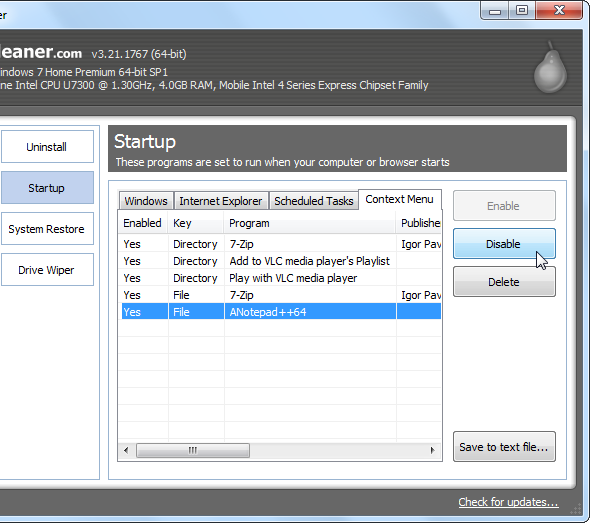 Make Windows 7 Faster By Removing Context Menu Entries image ccleaner disable a context menu entry Make Windows 7 Faster By Removing Context Menu Entries