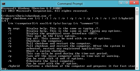 windows 8 command prompt shutdown options