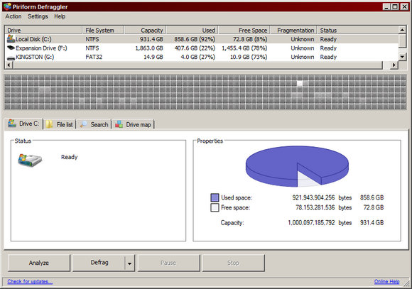 This is a screen capture of one of the best the Windows defrag programs. It's called Piriform Defraggler