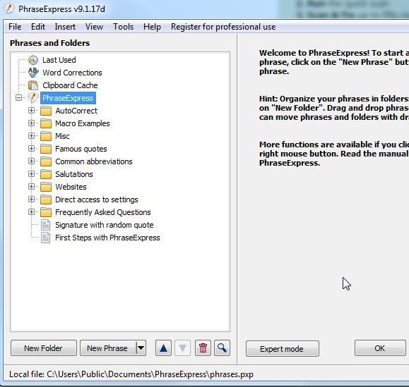 phraseexpress manual main program window