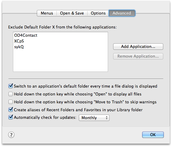 set favorite folders in default folder x