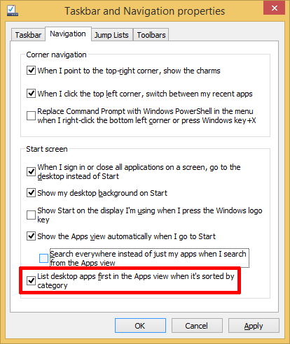 List Desktop Apps First In Windows 8.1