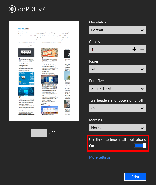 Windows 8 Modern UI Print Options