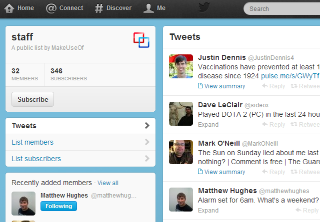 Screenshot showing MUO's writer list on Twitter