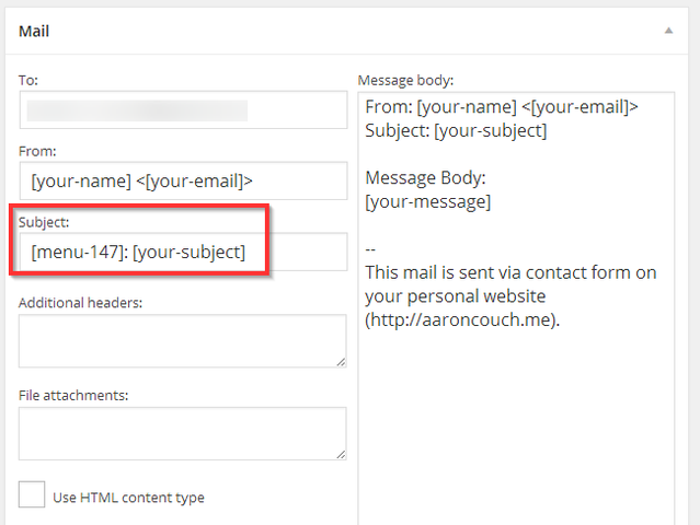 13.1 Contact Form 7 - New contact form - featuring drop-down tag in mail form