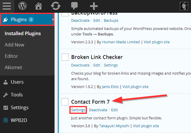 2 Contact Form 7 - WordPress Plugins - Settings Link