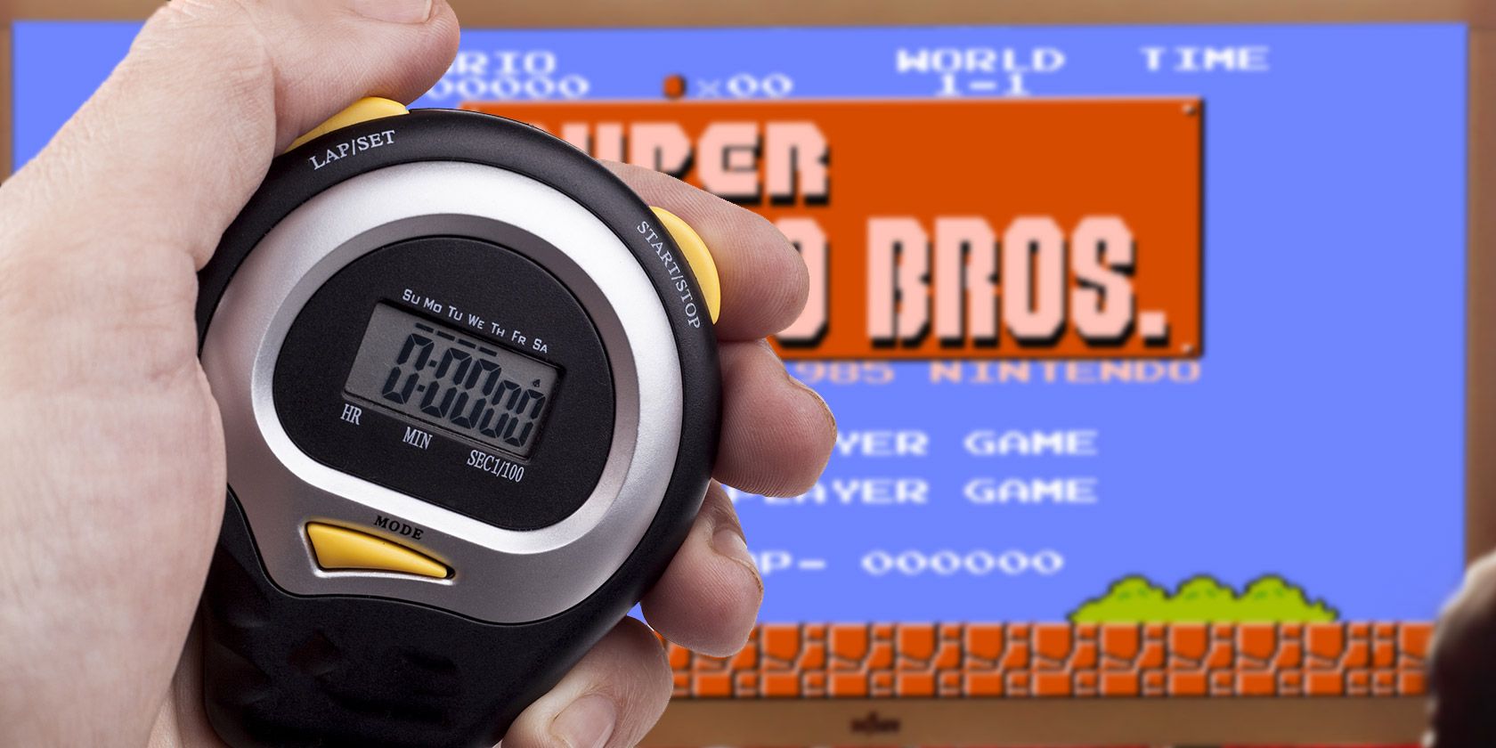 Stopwatch in front of Super Mario Bros. title screen