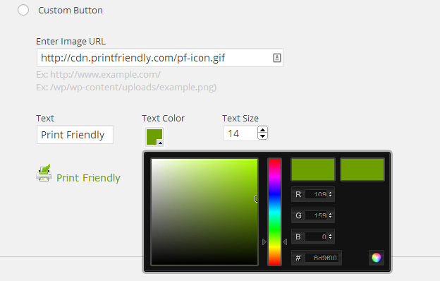 Print Friendly WordPress Plugin - Settings - Button Display - Custom Button