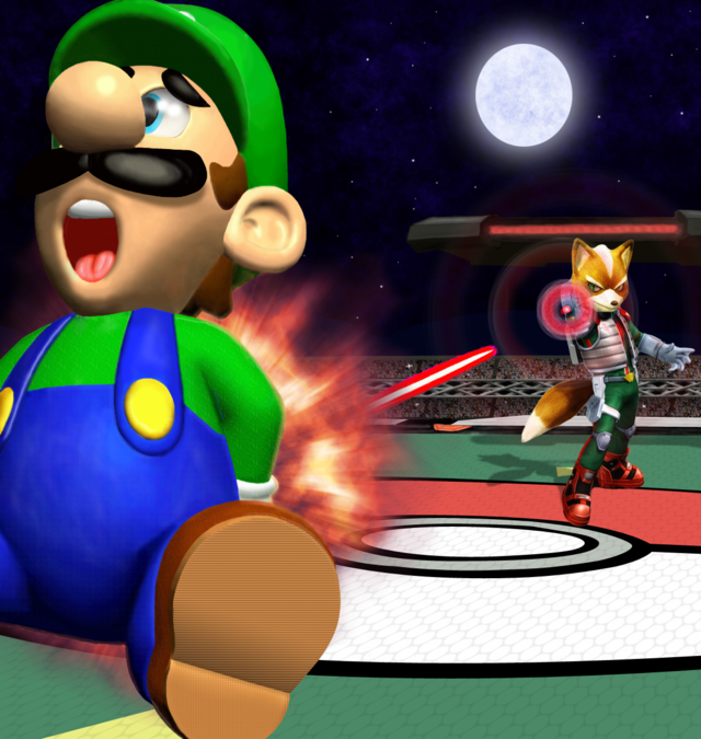 Luigi being attacked by Fox in Smash Bros.