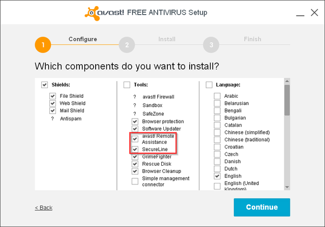 Avast - Installation - choose compenents to install