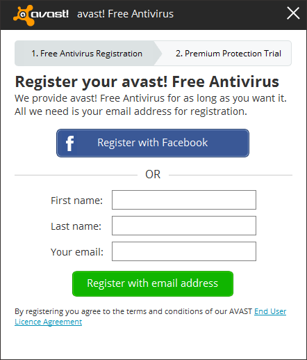 Avast - Register - Enter information