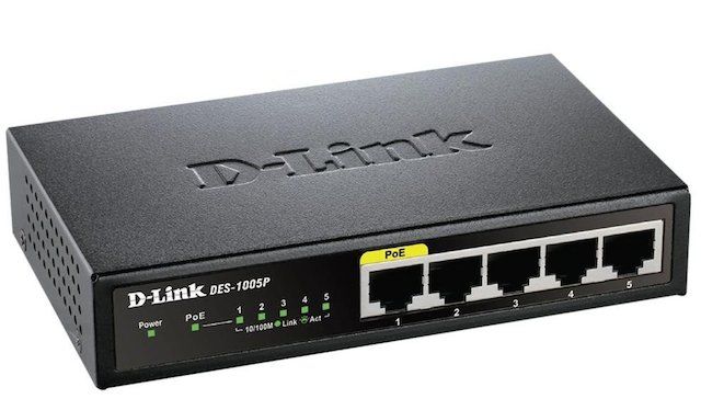 A 5-port switch, 1 of which provides Power Over Ethernet, available from Amazon 