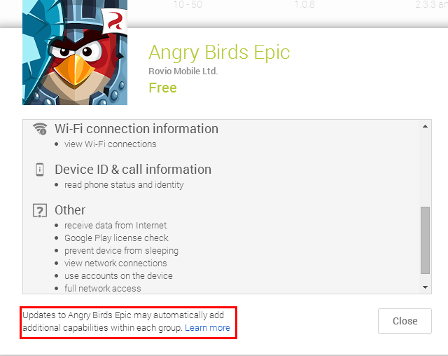 Angry Birds Example - Apps Can Add Permissions