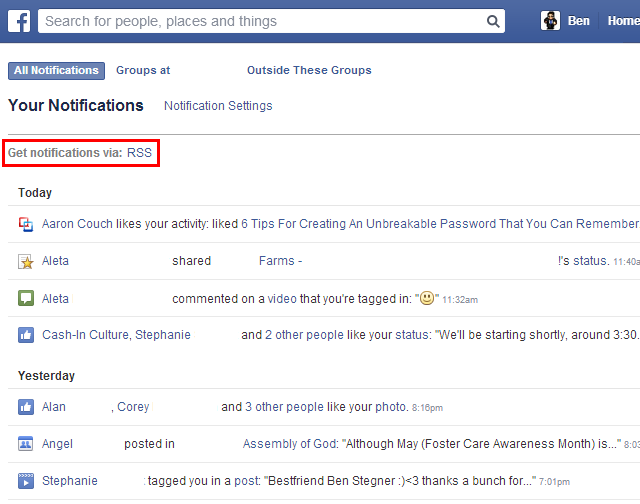 Facebook Notifications Page