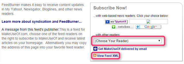 feedburner options for subscribing