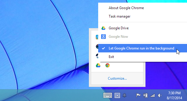 let google chrome run in the background system tray