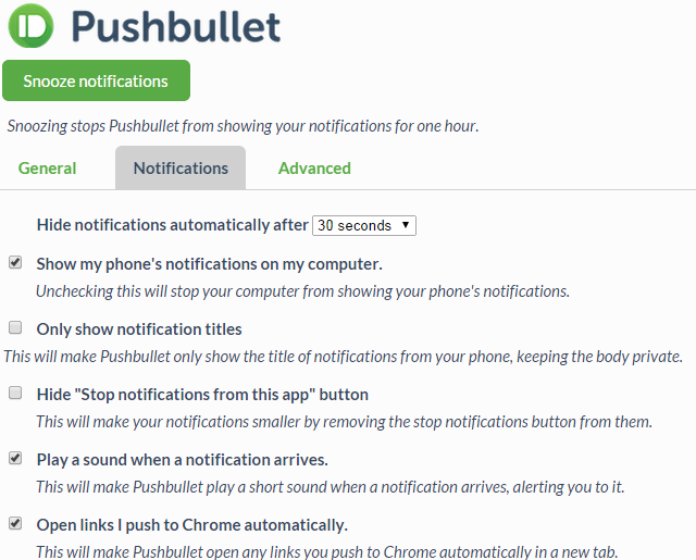 pushbullet app settings