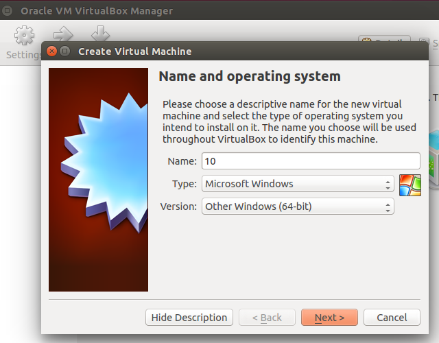 This is a screen capture of one of the best the Windows programs. It's called VirtualBox Create Virtual Machine