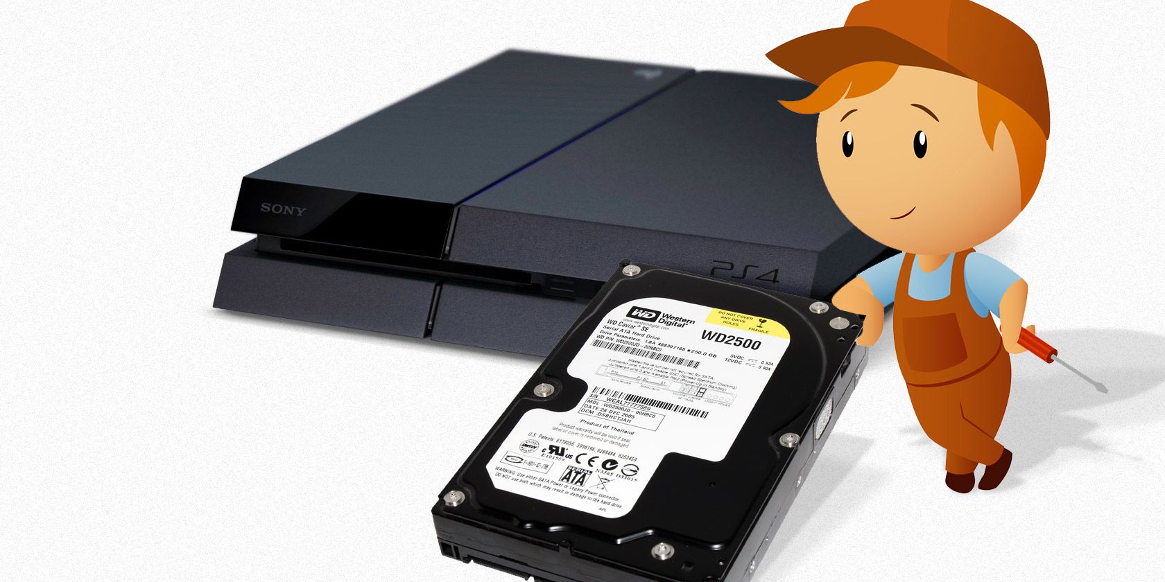 Cartoon repairman leaning on hard drive next to PS4 console