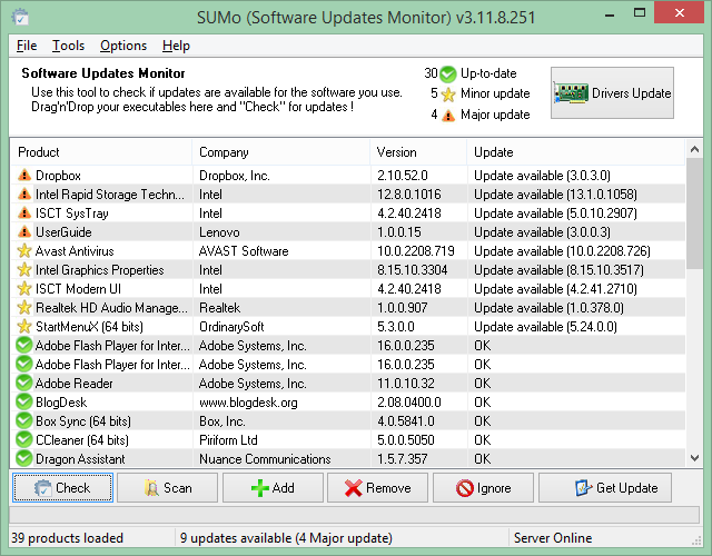 This is a screen capture of one of the best the Windows programs. It's called SUMo Software Update Monitor