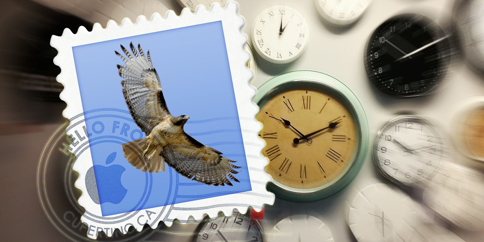 Mac Mail logo with clocks in the background.