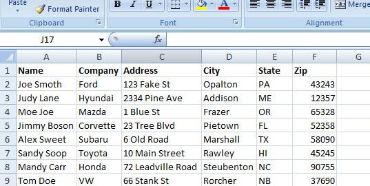 My Excel spreadsheet, ready to be used in a Mail Merge