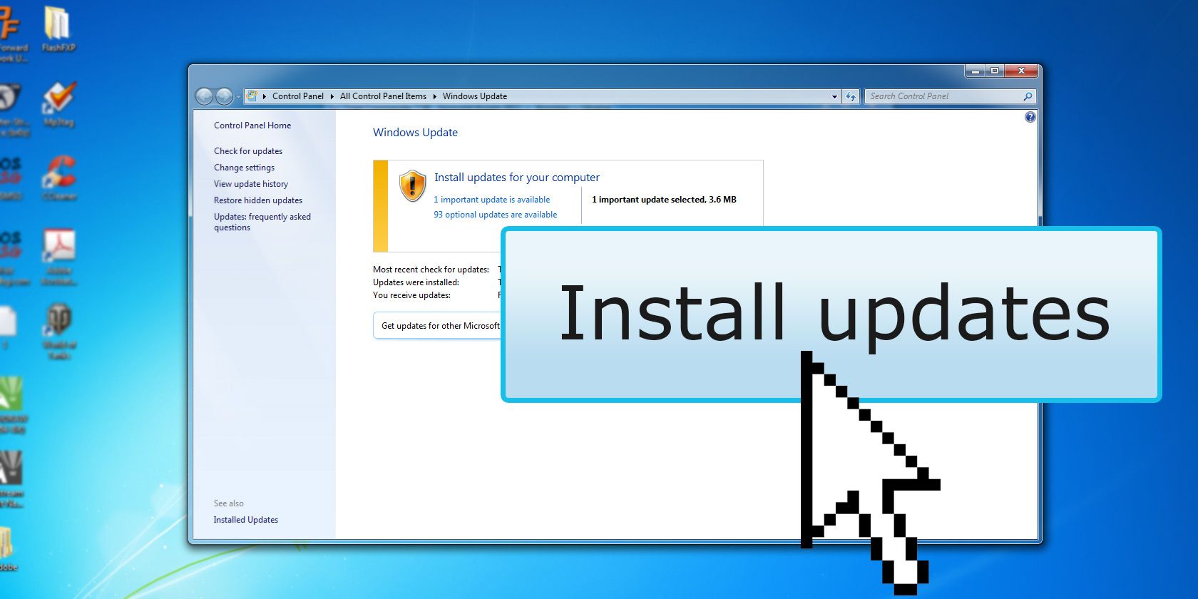 Windows PC desktop with large Install Updates button showing