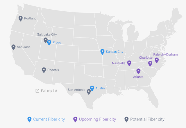 A map of current and upcoming US cities with &quot;Fiber to Home&quot; from Google