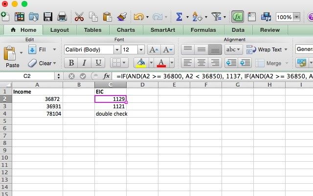 Nested IF Formula for Taxes with Excel