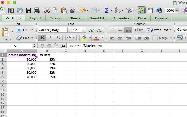Income Tax Table in Excel