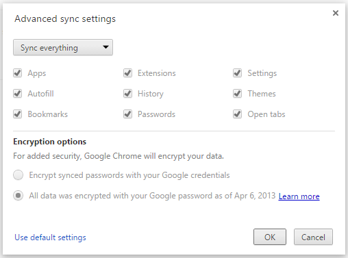 0.3 - Chrome browser settings - advanced sync settings