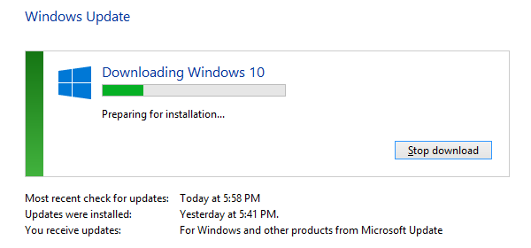 Downloading Windows 10 Preparing