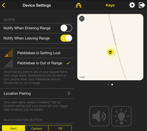 pebblebee app - map and settings
