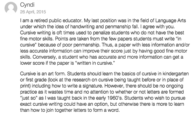 Educator comment on cursive writing